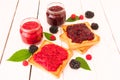 Toasters with blackberry and raspberry jam. Decorated with fresh berries and leaves of blackberry and raspberry on a white wooden