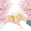 Toasting with beer under Cherry blossoms trees
