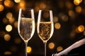 Toasting with Two Glasses of Champagne, New Years Lighting, Celebration Toast Sparkling Wine Glasses Royalty Free Stock Photo