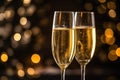 Toasting with Two Glasses of Champagne, New Years Lighting, Celebration Toast Sparkling Wine Glasses