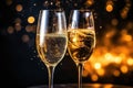 Toasting with Two Glasses of Champagne, New Years Lighting, Celebration Toast Sparkling Wine Glasses