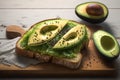 Toasts with avocado and greens on the cutting board. Healthy and nutritious breakfast. Generative AI