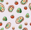 Seamless Pattern, Toasts with avocado, tomato and egg, Raster illustration, Procreate sketch