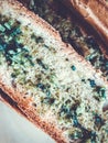 Toasts with basil and garlic close-up on a plate. Royalty Free Stock Photo