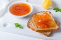 Toasts of bread with apricot jam and fresh fruits with mint Royalty Free Stock Photo