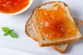 Toasts of bread with apricot jam and fresh fruits with mint Royalty Free Stock Photo