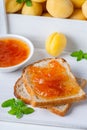 Toasts of bread with apricot jam and fresh fruits with mint Royalty Free Stock Photo