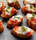 Toasts, bruschetta with tomatoes, mozzarella cheese and fresh basil on a chopping board on a black background Royalty Free Stock Photo
