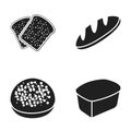 Toasts, a burger for a hamburger, a loaf of rifle bread, a rectangular rye bread. Bread set collection icons in black