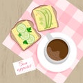 Toasts with cheese and vegetables, a cup of coffee and a wish for bon appetit