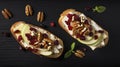 Toasts with cottage cheese, apple, raisins and nuts on a black background, top view Generative AI