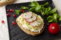 Toasts with cottage cheese and smashed avocado, radish, corn salad plant and pomegranate seeds on black plate. Top view. Copy Royalty Free Stock Photo