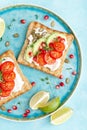 Toasts with feta cheese, tomatoes, avocado, pomegranate, pumpkin seeds and flaxseed sprouts. Diet breakfast. Delicious and healthy Royalty Free Stock Photo