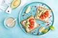 Toasts with feta cheese, tomatoes, avocado, pomegranate, pumpkin seeds and flaxseed sprouts. Diet breakfast. Delicious and healthy Royalty Free Stock Photo