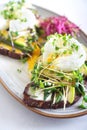Toasts with microgreens, avocado, asparagus and poached egg. Royalty Free Stock Photo