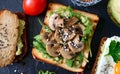 Toasts with mushrooms, arugula, sesame seeds and avocado paste. Useful sandwich. Tasty breakfast. Close-up, top view