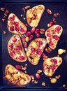 Toasts with ricotta, baked grapes, walnut on baking, toned