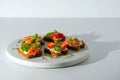 Toasts with salmon, cottage cheese, avocado, microgreens, cherry tomatoes on white marble board on white background, open fish