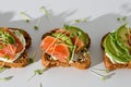 Toasts with salmon, cottage cheese, avocado, microgreens on white background, open fish sandwiches