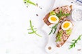 Italian bruschetta sandwiches with canned tuna, egg and cucumber. Royalty Free Stock Photo
