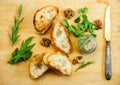 Toasty bread on a wooden board.