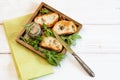 Toasty bread in a wooden box.