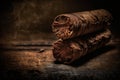 Tobacco cuban havana cigars romeo and julia burned with ash. Beautiful macro background in low key