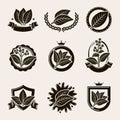 Tobacco leaf label and icons set. Vector