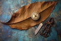 tobacco leaves and cigar cutter on vintage background