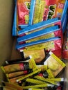 Tobacco products in pouches. Indian famous brand Vimal gutka tabacco