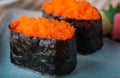 Tobiko sushi or flying fish`s roe sushi. Royalty Free Stock Photo