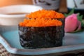 Tobiko sushi or flying fish`s roe sushi. Royalty Free Stock Photo