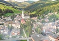 Toblach, Italy. Aerial view of Dobbiaco city and surrounding countryside in summer season Royalty Free Stock Photo