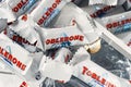 Toblerone chocolate. Chocolate brand Toblerone. White Swiss chocolate with coconut. Ukraine. Kyiv. 08. 31. 2023