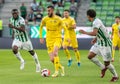 Tobol defender Aleksa Amanovic against Ferencvaros players Anderson Esiti and Henry Wingo during UEFA Champions League