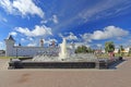 Fountain against the walls of the Kremlin in the Russian city of Tobolsk in Siberia