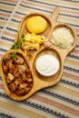 Tochitura is a traditional Romanian dish made from beef and pork served with polenta. top view Royalty Free Stock Photo