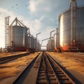 tocks of grain in granaries. grain deal concept, metal racks for grain storage next to railroads