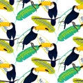 Toco toucan bird on banana leaves seamless vector pattern.