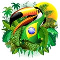Toco Toucan with Brazil Flag Scarf in the Jungle Vector Illustration