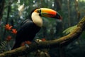 Toco toucan sitting on a jungle branch, vibrant and exotic