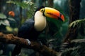 Toco toucan sitting on a jungle branch, vibrant and exotic