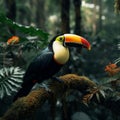 Toco toucan sitting on a jungle branch, vibrant and exotic