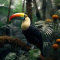 Toco toucan sitting on a jungle branch, vibrant and exotic