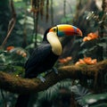 Toco toucan sitting on a jungle branch, vibrant and exotic