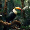 Toco toucan sitting on a jungle branch, vibrant and exotic