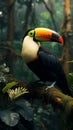 Toco toucan sitting on a jungle branch, vibrant and exotic