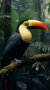 Toco toucan sitting on a jungle branch, vibrant and exotic