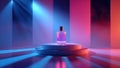 Vibrant photo of bottle of perfume is placed on a black cube, with colorful laser beams shining behind it. Royalty Free Stock Photo