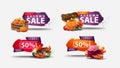 Today, autumn sale, -50% off, set of autumn discount web banners in abstract shapes with regged corners and autumn elements